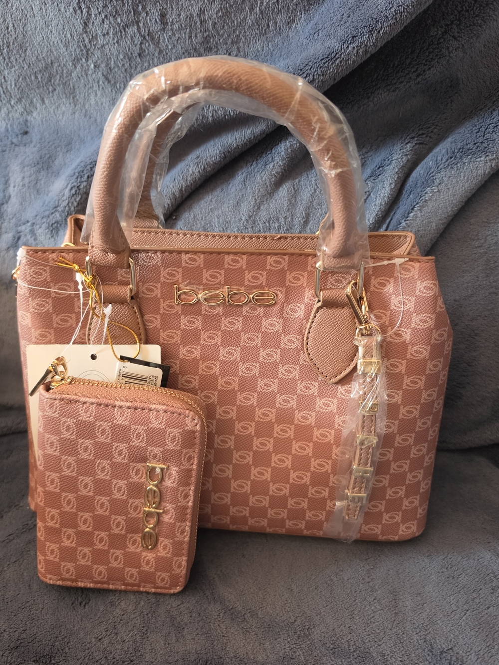bebe Dusty Pink Jacquard Satchel with Matching Wallet